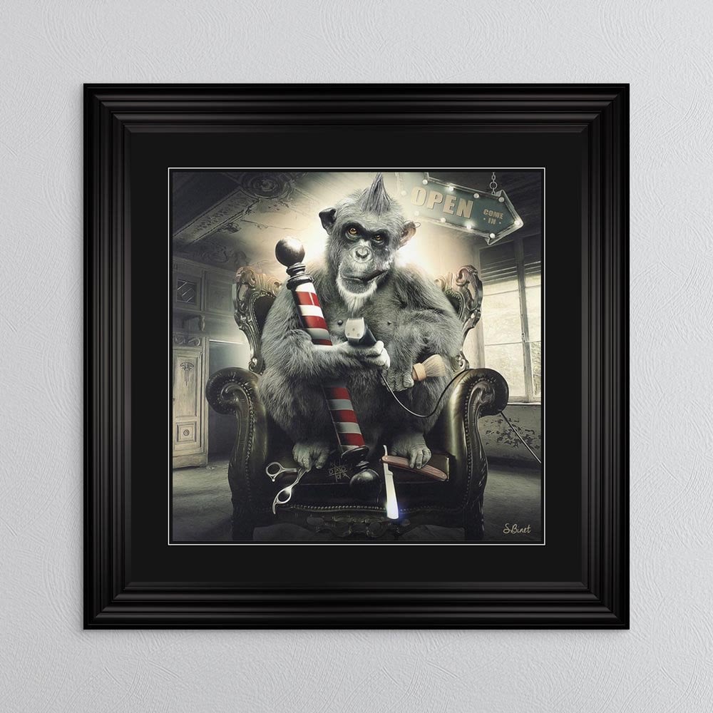 Sylvain Binet Barber shop monkey framed art 90cm x 90cm