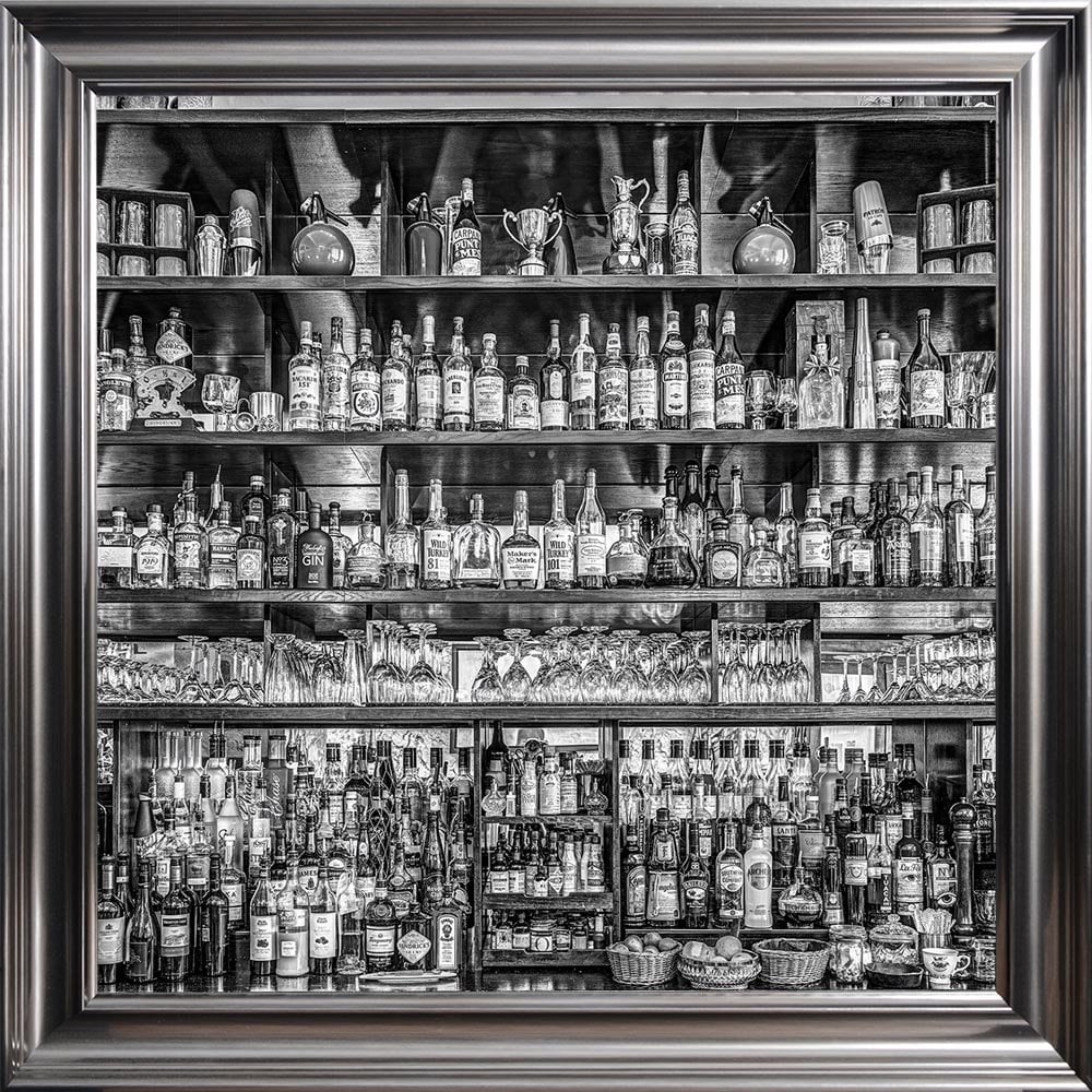 Bottle bar black and white framed art 90cm x 90cm