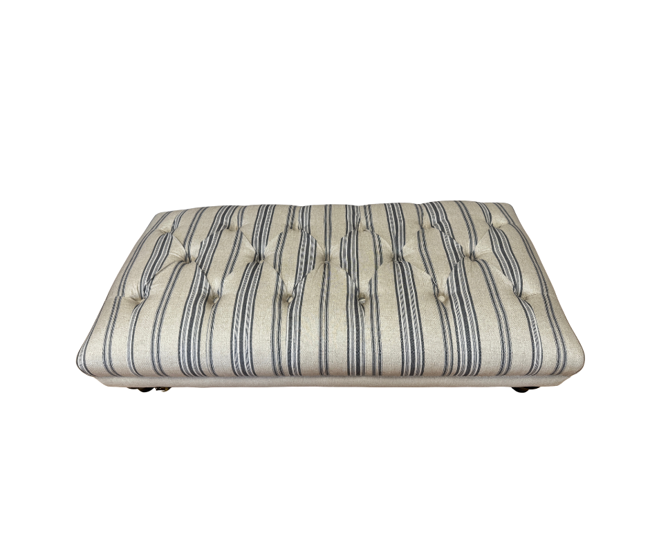 Boutique button top footstool in natural linen blue stripe fabric