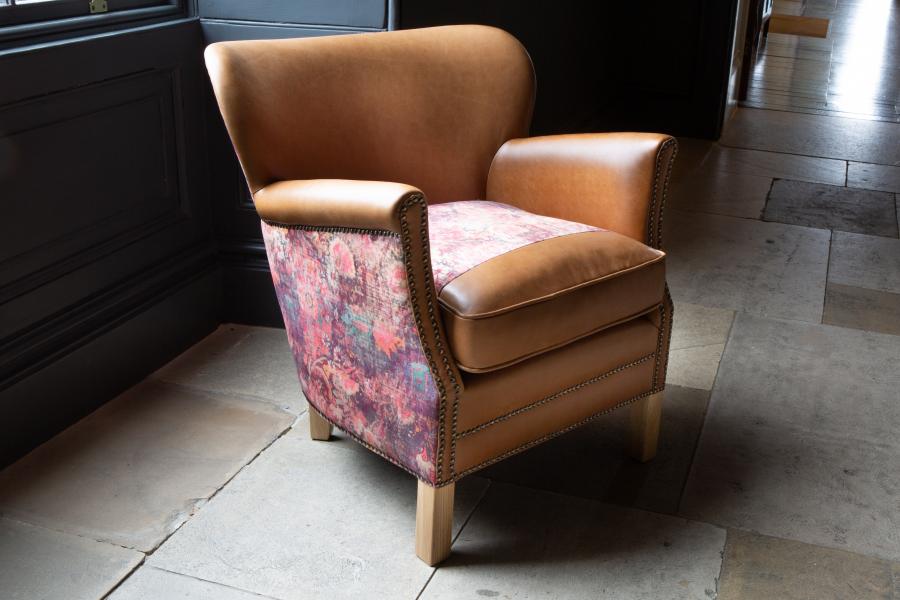 Adam small accent chair in Tan leather & Harrington printed pink velvet