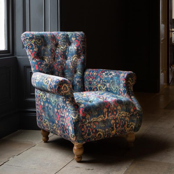 Donegal accent chair in Harrington printed blue velvet