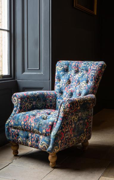 Donegal accent chair in Harrington printed blue velvet