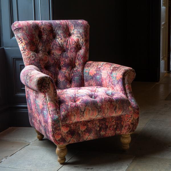 Donegal accent chair in Harrington printed coral pink velvet