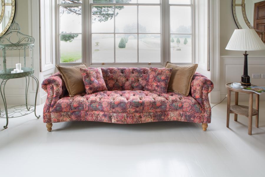 Donegal large 3 seater Chesterfield sofa in Harrington printed coral pink velvet