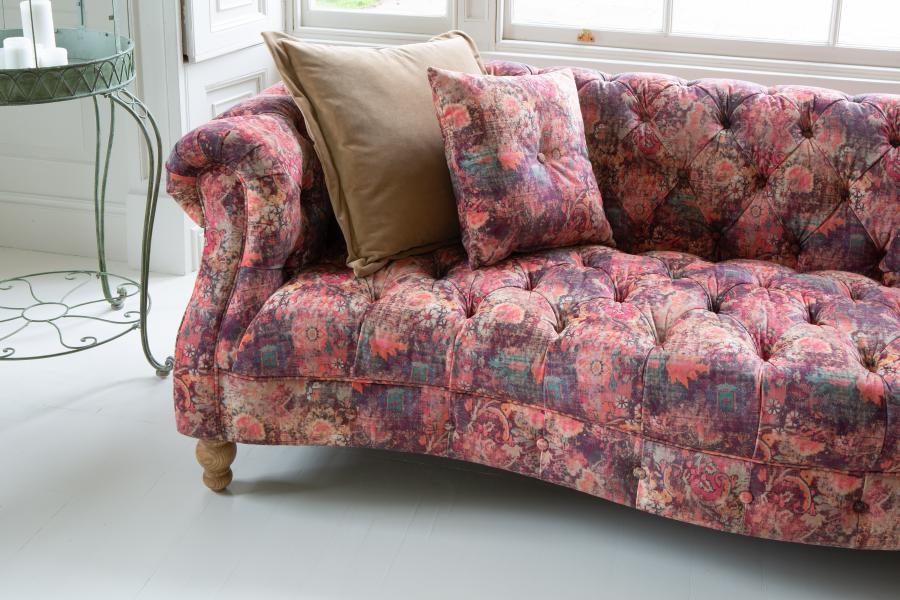 Donegal large 3 seater Chesterfield sofa in Harrington printed coral pink velvet