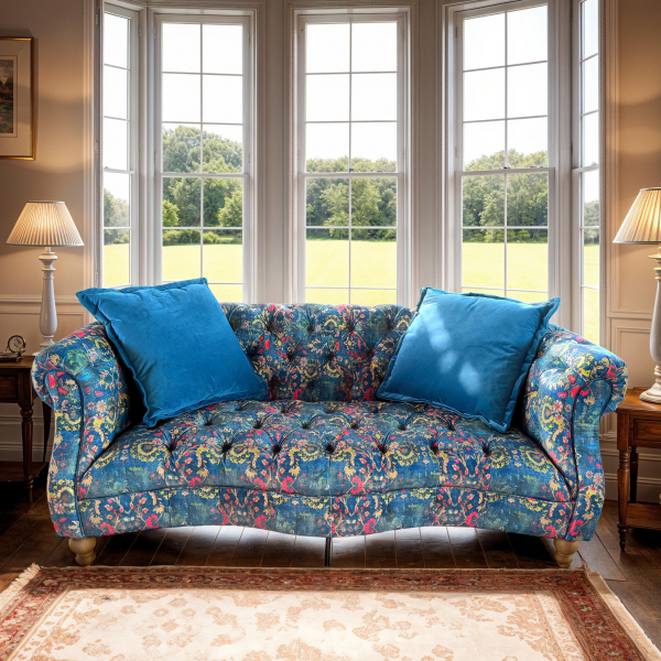 Donegal large 3 seater Chesterfield sofa in Harrington printed blue velvet