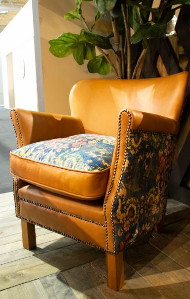 Adam small accent chair in Tan leather & Harrington printed blue velvet