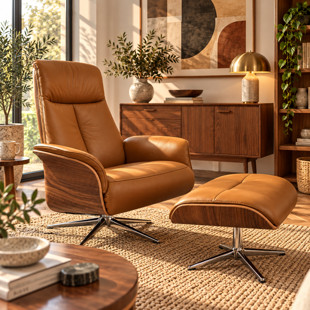 Skara manual reclining swivel chair & footstool in Texas Tan leather