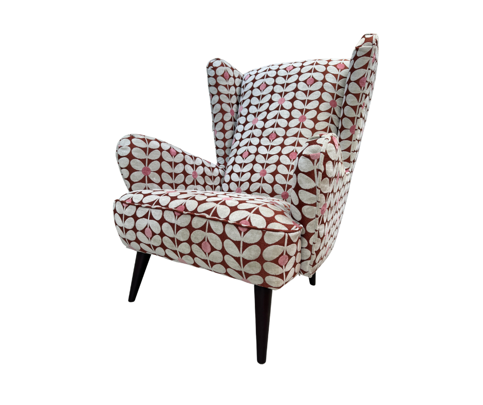 Alma large wingback armchair in Sixties retro stem fabric