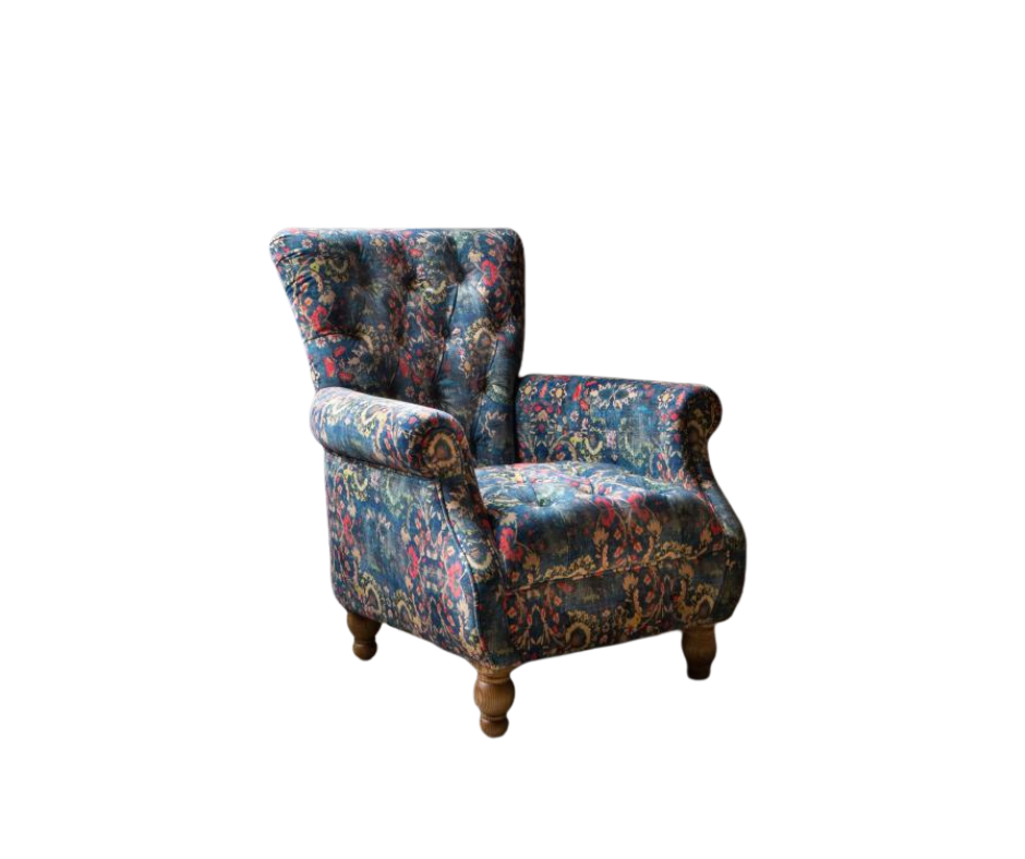 Donegal accent chair in Harrington printed blue velvet