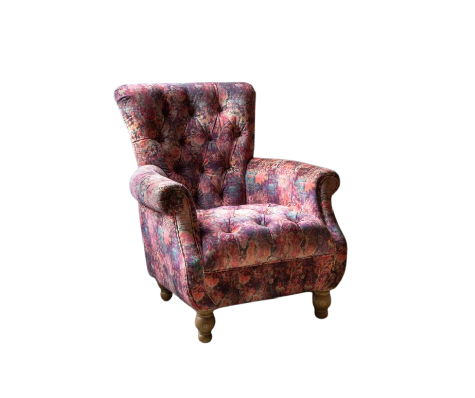 Donegal accent chair in Harrington printed coral pink velvet