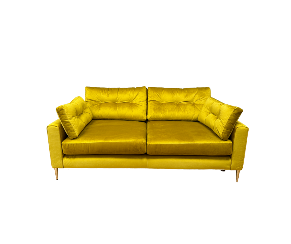 Maya 3 seater standard back sofa in Antique gold velvet fabric