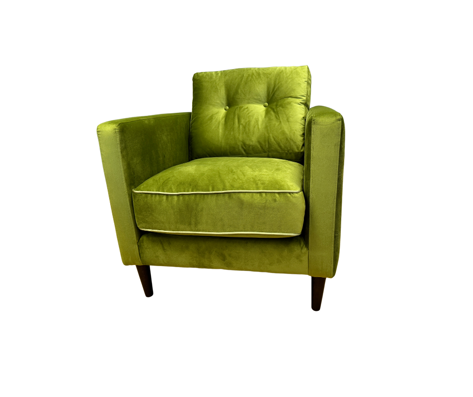 Orla Kiely Sample accent chair in lime green velvet fabric