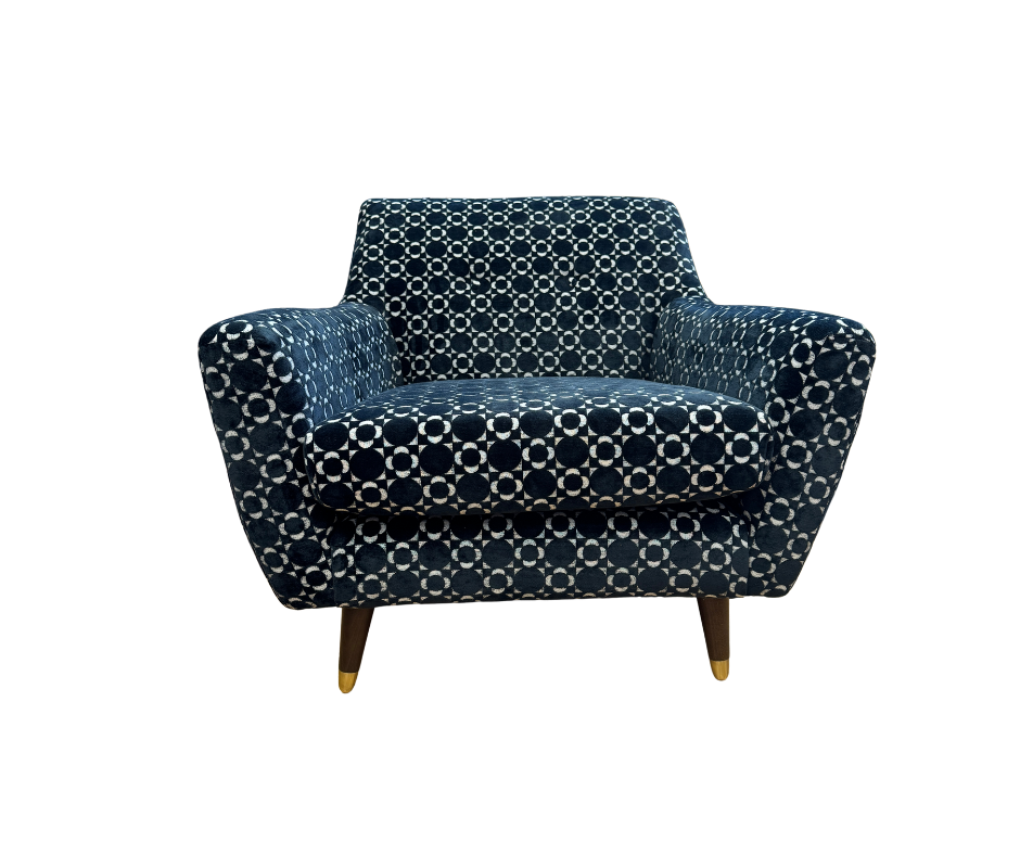 Orla Kiely Rose accent chair in retro tile black velvet fabric