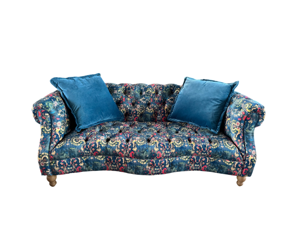 Donegal large 3 seater Chesterfield sofa in Harrington printed blue velvet