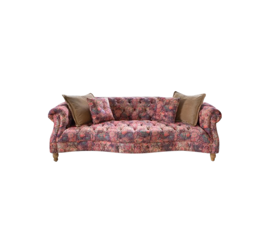 Donegal medium 2 seater Chesterfield sofa in Harrington printed coral pink velvet