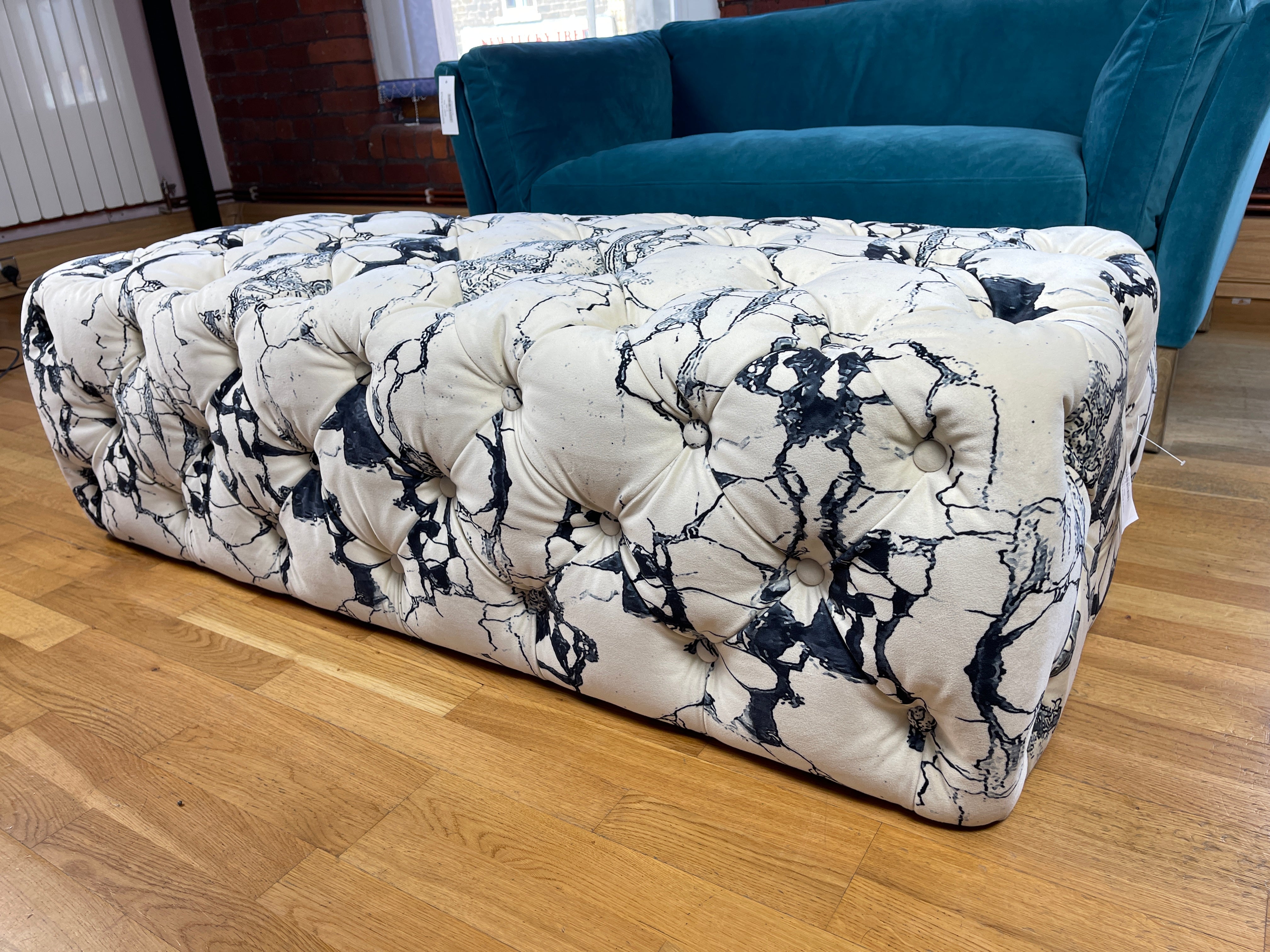 Tuft XL large button detail bench footstool in Lost in Space fabric