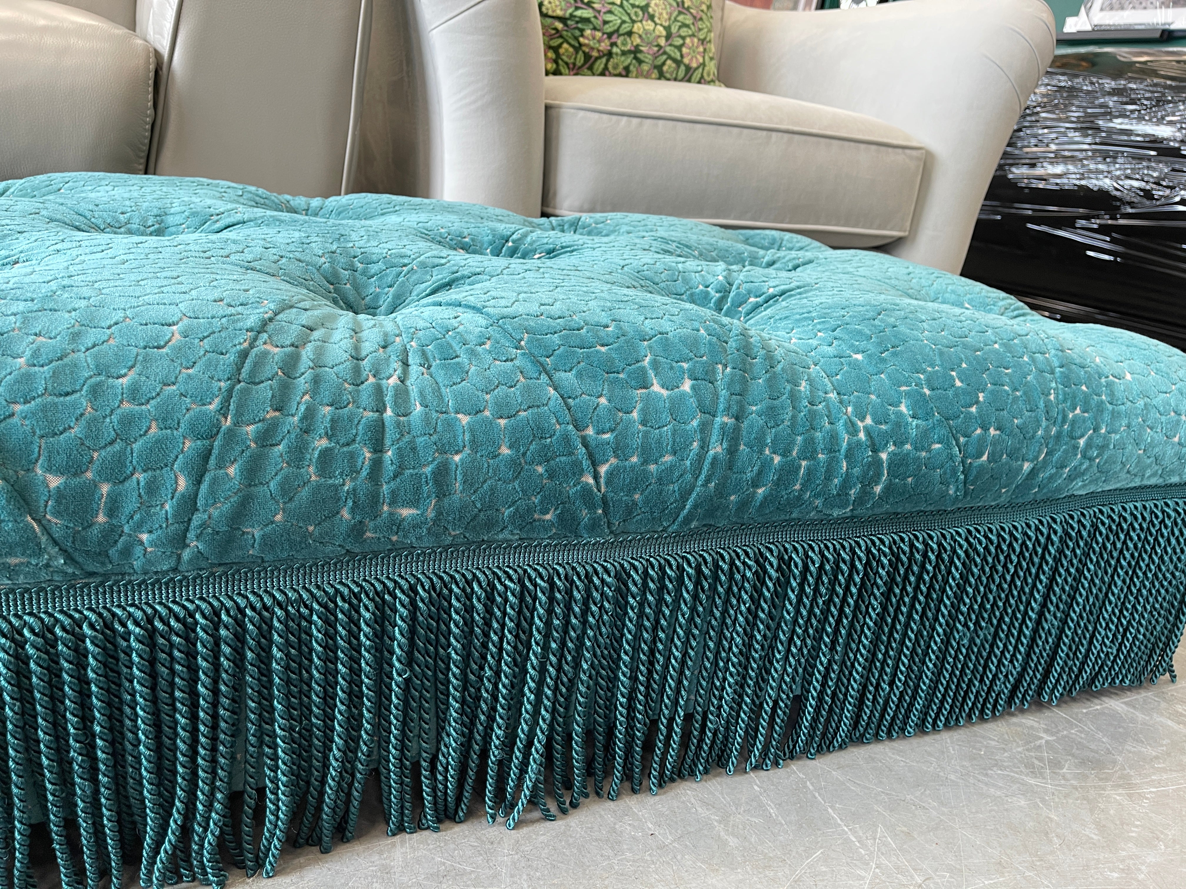 Vivienne low bench footstool with fringe detail in kingfisher honeycomb velvet