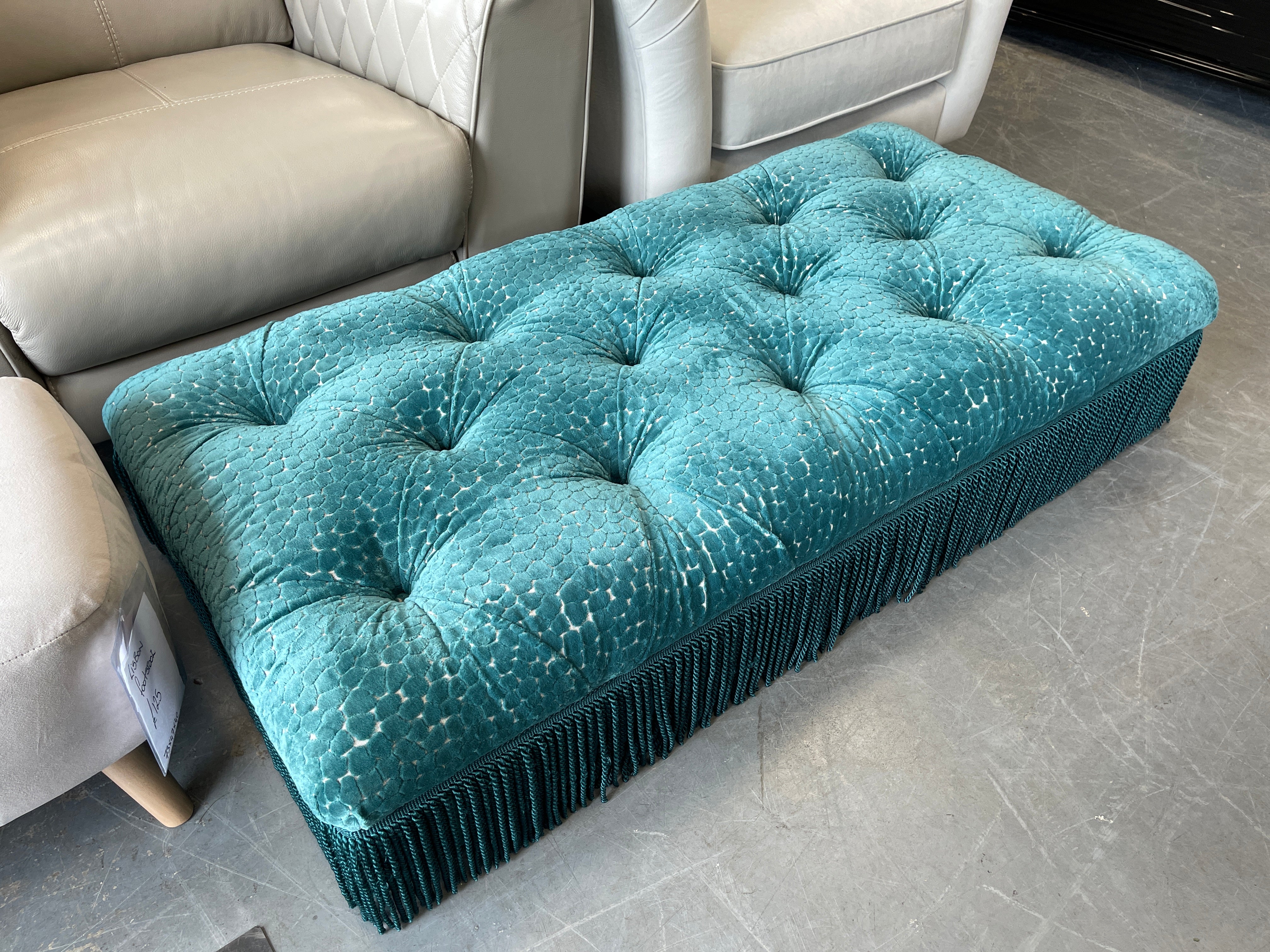 Vivienne low bench footstool with fringe detail in kingfisher honeycomb velvet